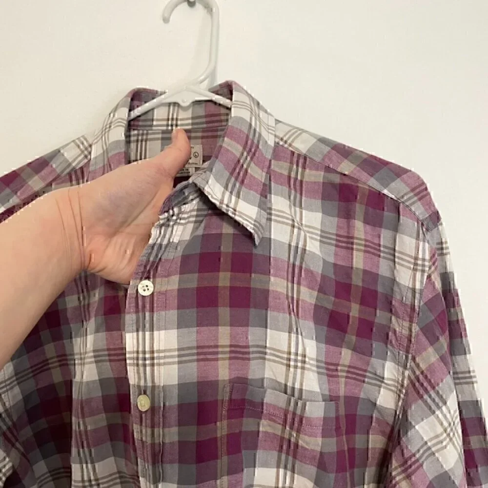 J. CREW Mens Madras Shirts Tailored Purple Gray Plaid Long Sleeve Button Down L